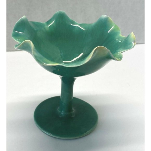 Free Form Opalescent Green Ruffled Edge Pedestal Trinket Bowl Dessert Dish - Picture 6 of 10